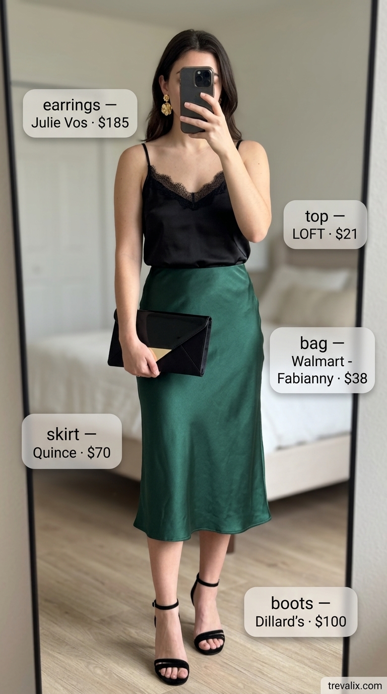 Elegant evening tulip skirt outfit with emerald green satin skirt, black camisole, and gold statement earrings. 2026 style.