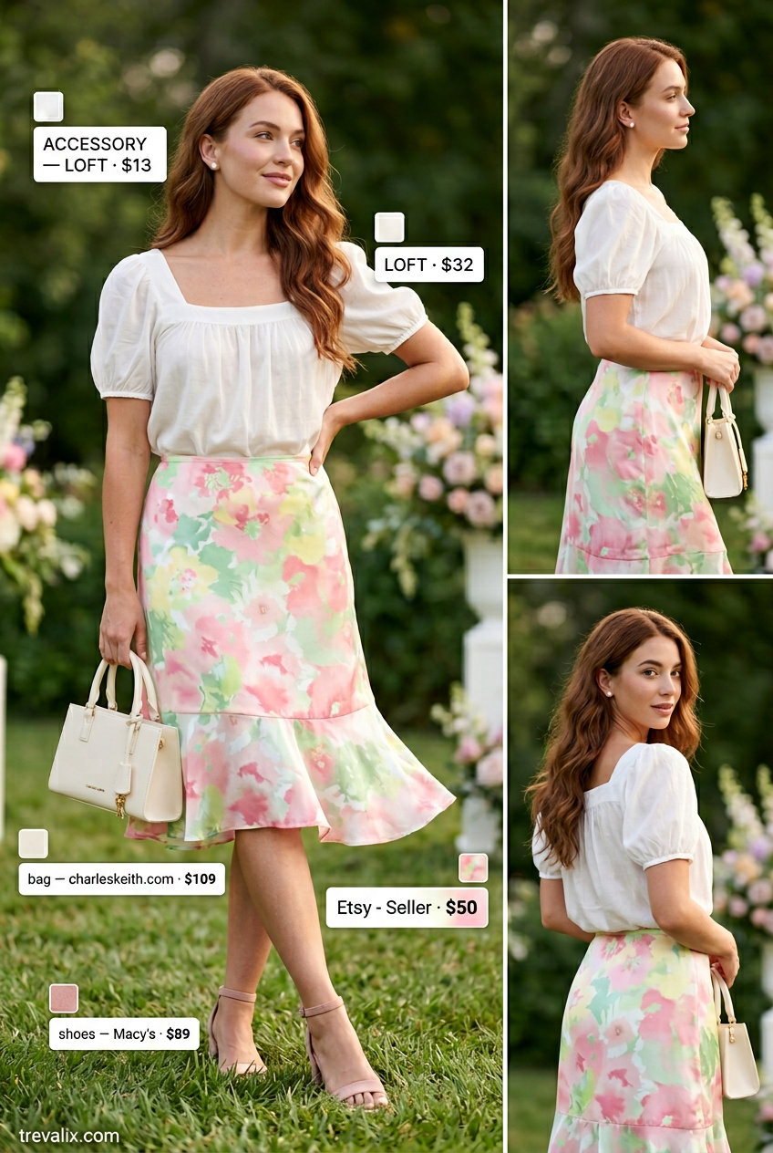 Pastel floral tulip skirt outfit for women, garden party style with puff sleeve blouse.