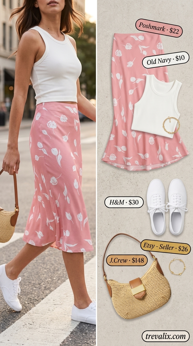 Pastel floral tulip skirt outfit for women, picnic style with white tank & sneakers.