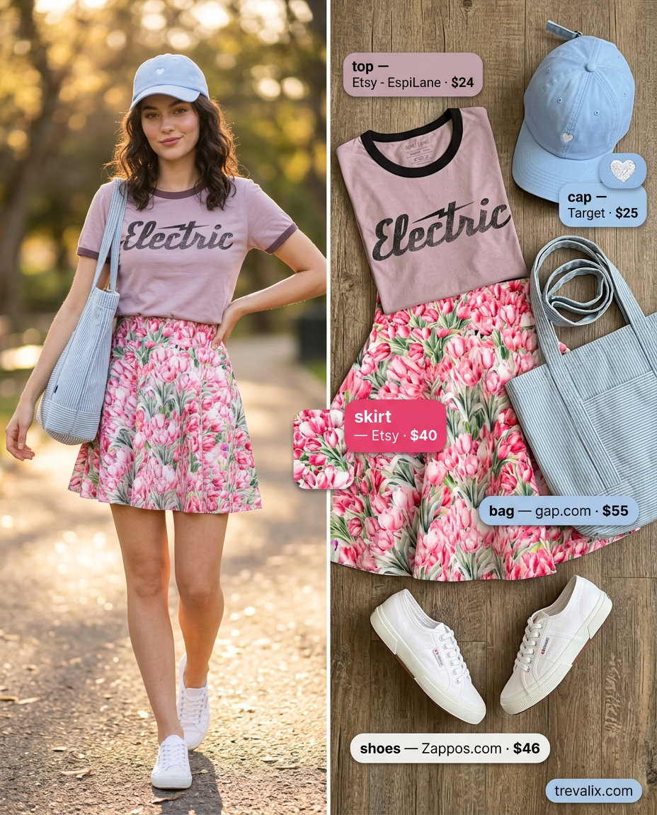 Playful picnic tulip skirt outfit with floral print skirt, graphic tee, canvas sneakers, and baseball cap. 2026 style.