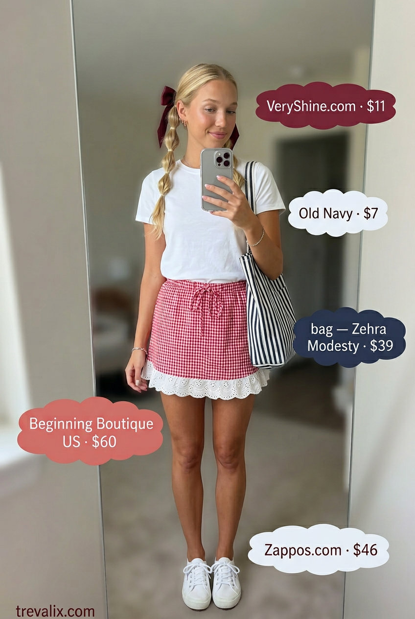 Red gingham tulip skirt outfit for women, playful picnic style with white tee & sneakers.