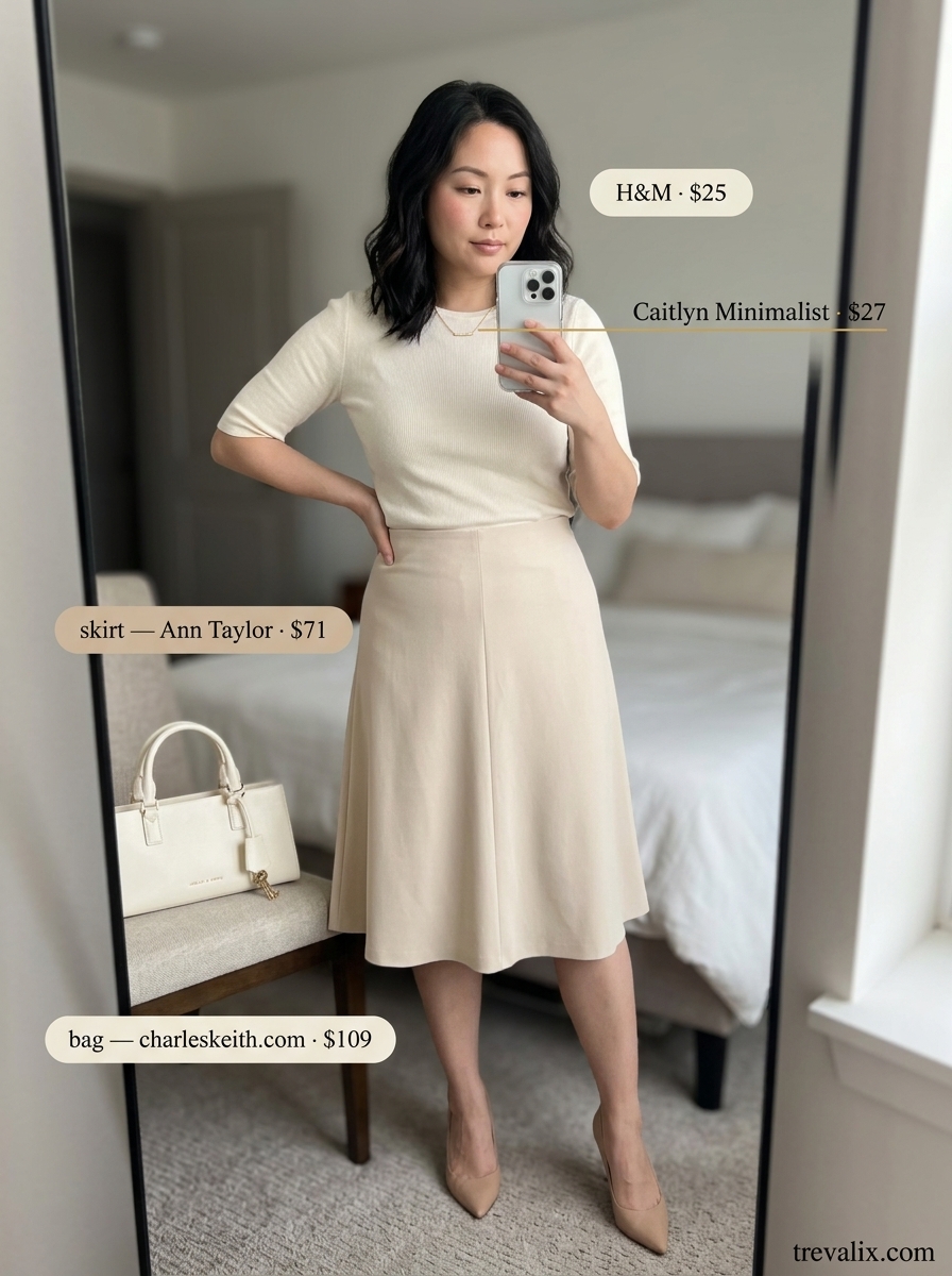 Minimalist beige tulip midi skirt outfit for women 2026. Features cream knit top, leather flats, top-handle bag, and gold necklace.