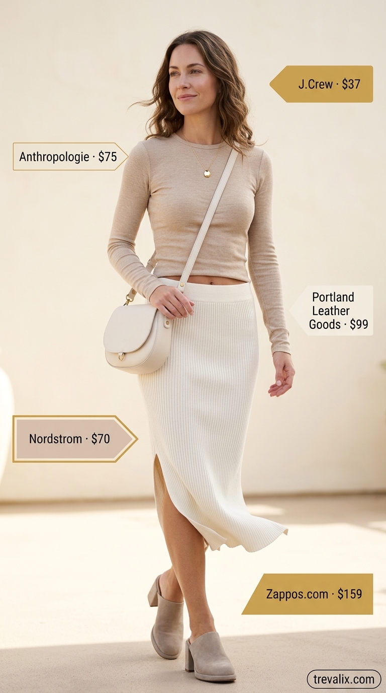 Monochrome minimalist tulip skirt outfit with cream knit top, beige mules, and gold pendant. 2026 style.