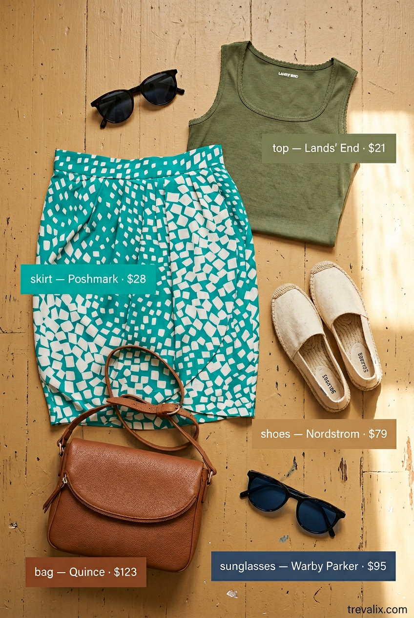 Effortless summer casual tulip skirt outfit with multi-color print skirt, olive green tank, and espadrilles. 2026 style.