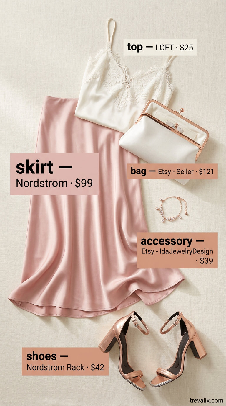 Romantic summer tulip skirt outfit with blush pink skirt, ivory camisole, and rose gold sandals. 2026 style.