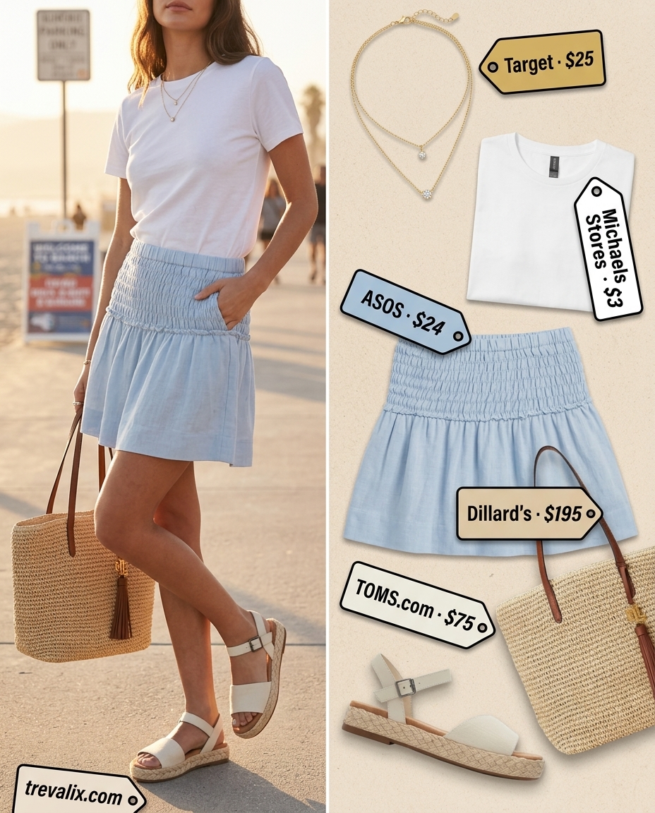 Sky blue tulip skirt outfit for women, coastal vacation style with white tee & espadrilles.