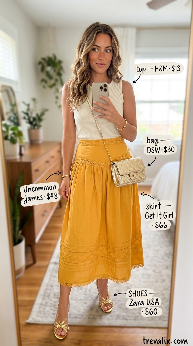Vibrant marigold yellow tulip skirt outfit for women 2026. Features cream knit top, gold sandals, cuff bracelet, and crossbody bag.