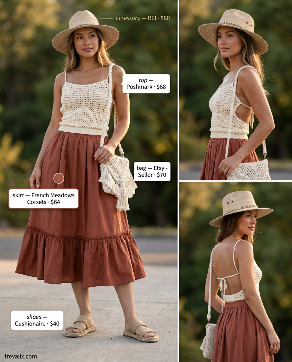 Terracotta tulip skirt outfit for women, boho festival style with crochet top & espadrilles.