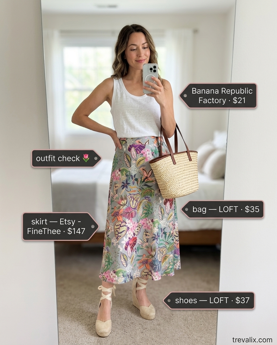 Tropical print tulip skirt outfit for women, vacation style with linen tank & straw hat.