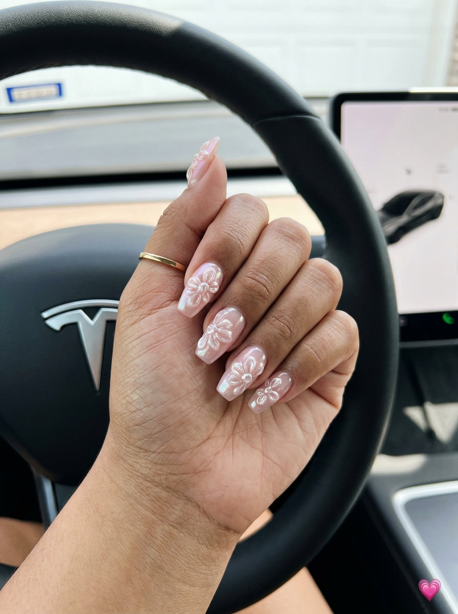 Glamorous 3D Chrome Flowers Nails 2026 3D Chrome Flowers Medium Coffin nails for summer vibes nails 2026: Glamorous evening event with silver chrome & pearl.
