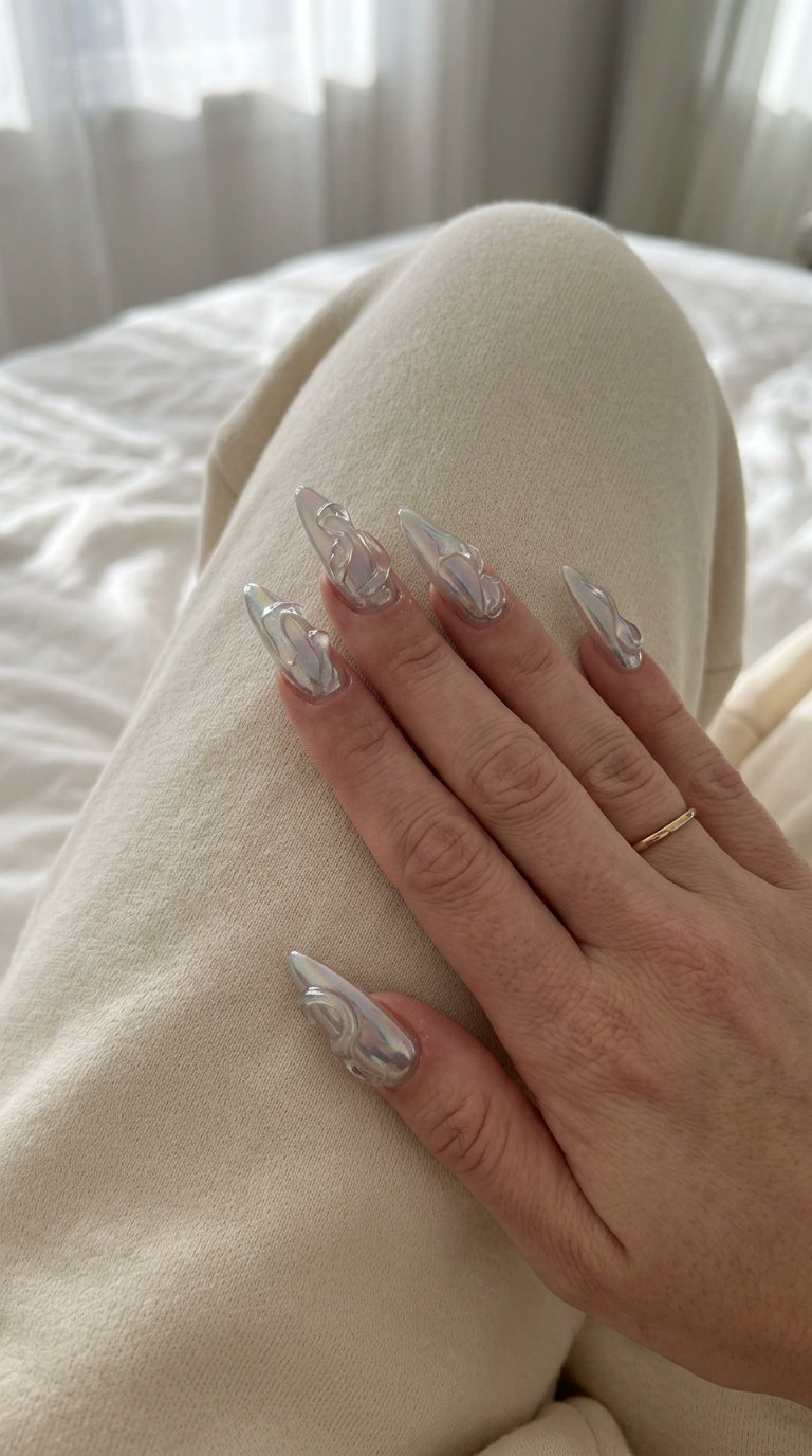 Chrome Sculpture Nails 2026: Futuristic Edge Cybernetic Chrome Abstract Sculpture nails for summer vibes 2026: futuristic, avant-garde, edgy.