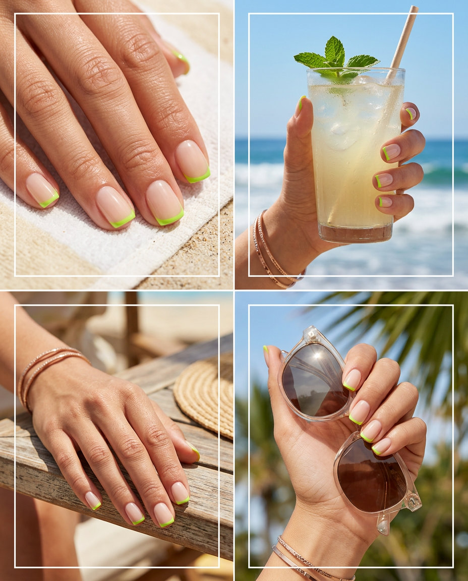 Electric Lime Green French Nails 2026 Electric Green Accent French nails for summer vibes nails 2026: Modern casual chic with nude & lime green.