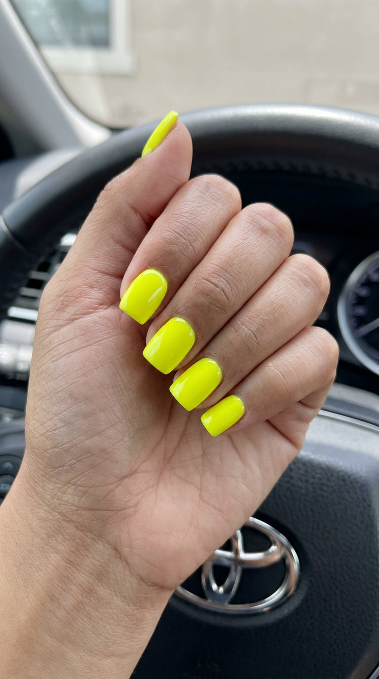 Electric Yellow Square Nails 2026 | Bold Sporty Summer Style Electric yellow short square nails for summer vibes nails 2026, bold sporty style.
