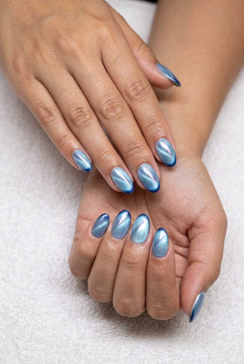 Icy Blue Aurora Cat-Eye Nails 2026 | Futuristic Party Style Icy blue aurora cat-eye almond nails for summer vibes nails 2026, futuristic party style.