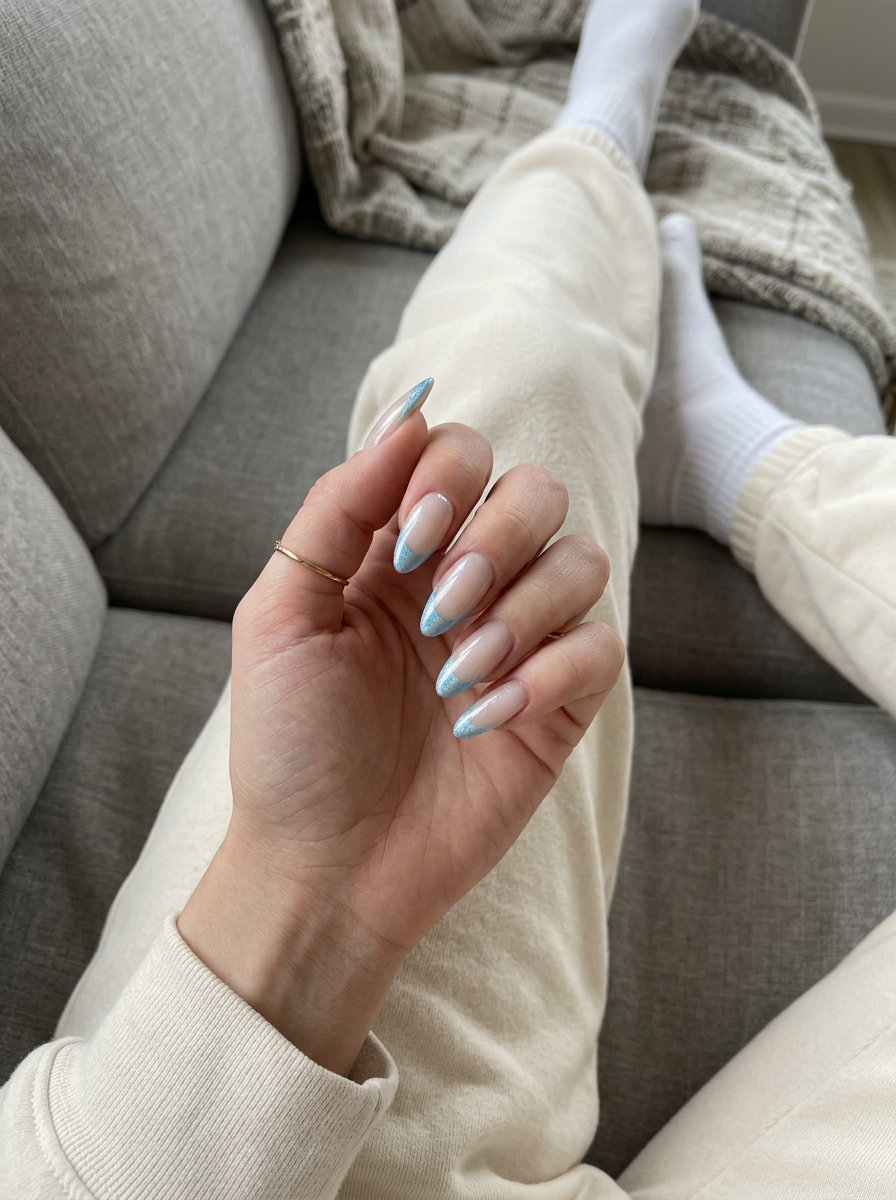 Icy Blue Holographic French Nails 2026 Icy Blue Holographic French Almond nails for summer vibes nails 2026: Futuristic party look with icy blue.