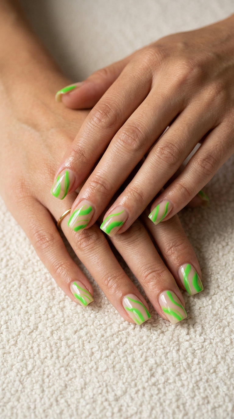 Lime Abstract Line Nails 2026 | Artistic Casual Style Modern lime abstract line square nails for summer vibes nails 2026, artistic casual style.