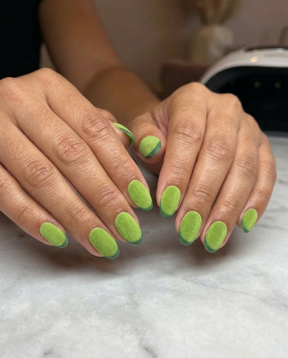 Velvet French Nails 2026: Sophisticated Style Lime Green Velvet French Tip nails for summer vibes 2026: sophisticated oval shape, matte finish.