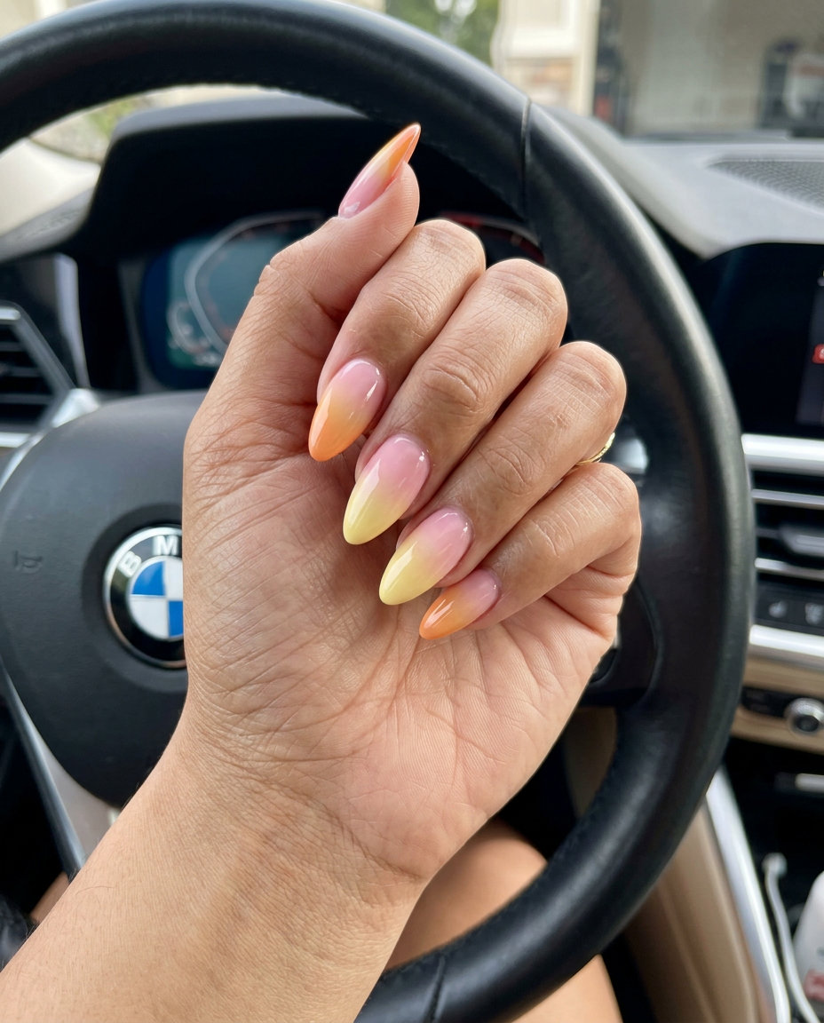 Sunset Ombre Almond Nails 2026 | Romantic Summer Date Night Gradient sunset ombre almond nails for summer vibes nails 2026, romantic date night style.