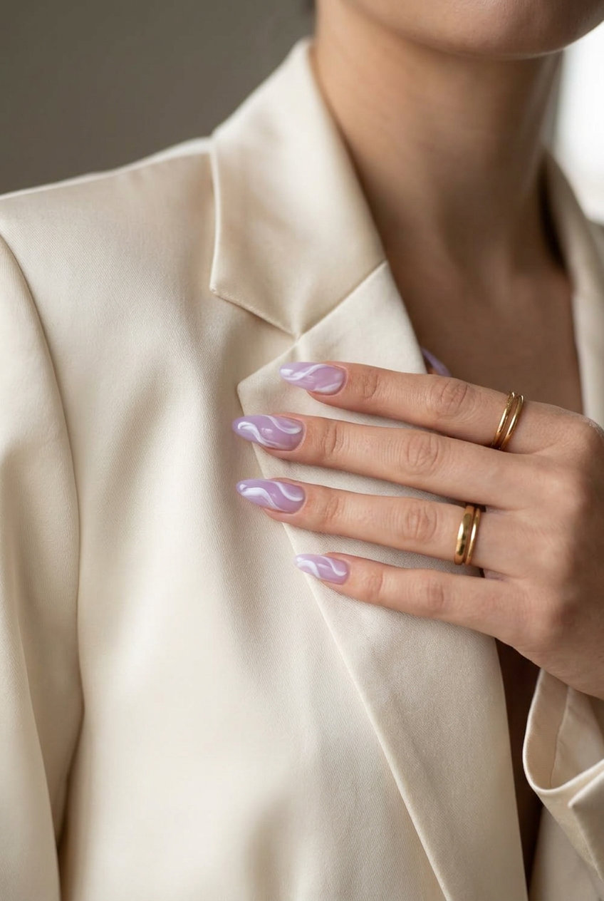 Jelly Lavender Swirls Nails 2026: Whimsical Wedding Jelly lavender swirls almond nails for summer wedding nails 2026. Bohemian, whimsical vacation style.