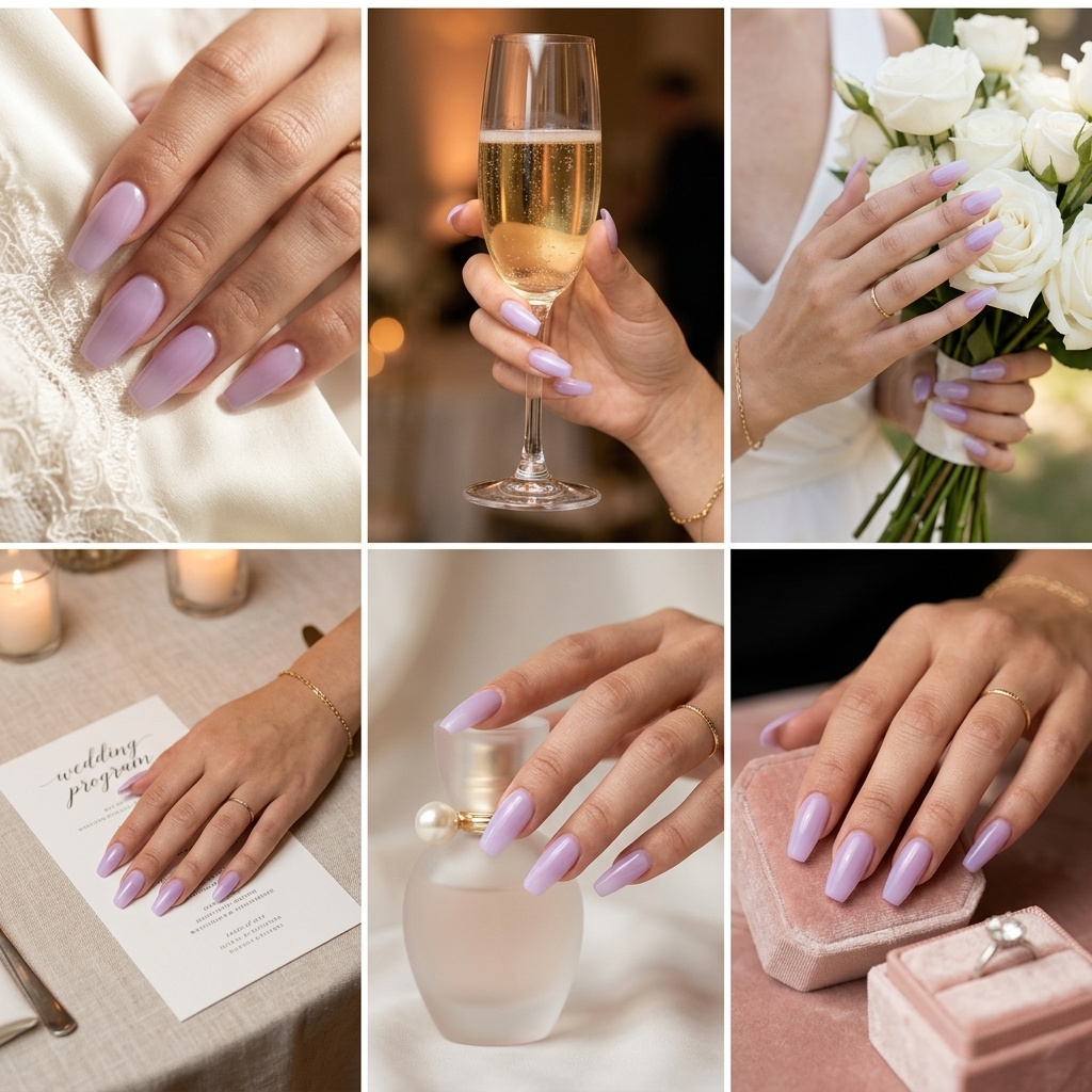 Lavender Jelly Coffin Nails | Summer Wedding Nails 2026 Lavender Jelly Coffin Glow nails for summer wedding nails 2026. Ethereal, romantic, luminous sheer lavender coffin shape.