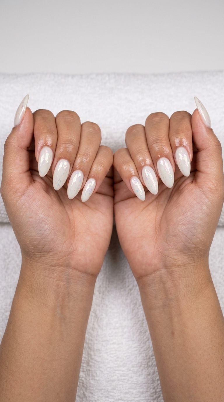 Milky White Foil Nails 2026: Elegant Wedding Style Sophisticated milky white almond nails with iridescent foil flakes for summer wedding nails 2026.