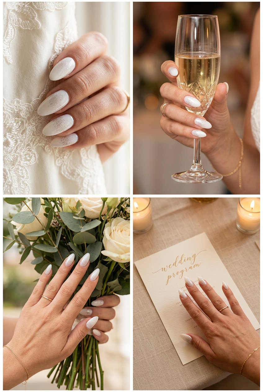 Glitter Gradient Almonds 2026: Wedding Sparkle Elegant milky white almond nails with silver glitter gradient for summer wedding nails 2026.