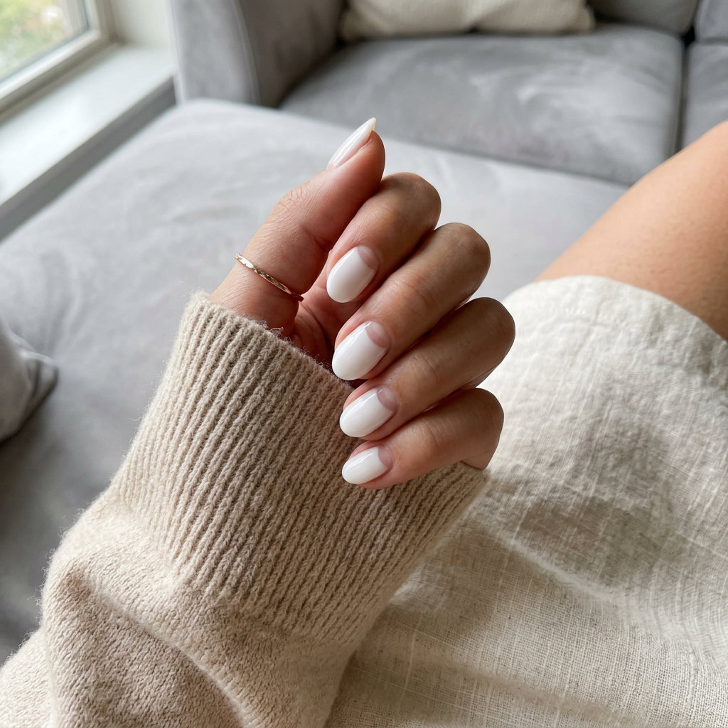 Milky White Reverse French Nails 2026: Romantic Bridal Milky white reverse French romance oval nails for summer wedding nails 2026. Romantic, retro bridal manicure.