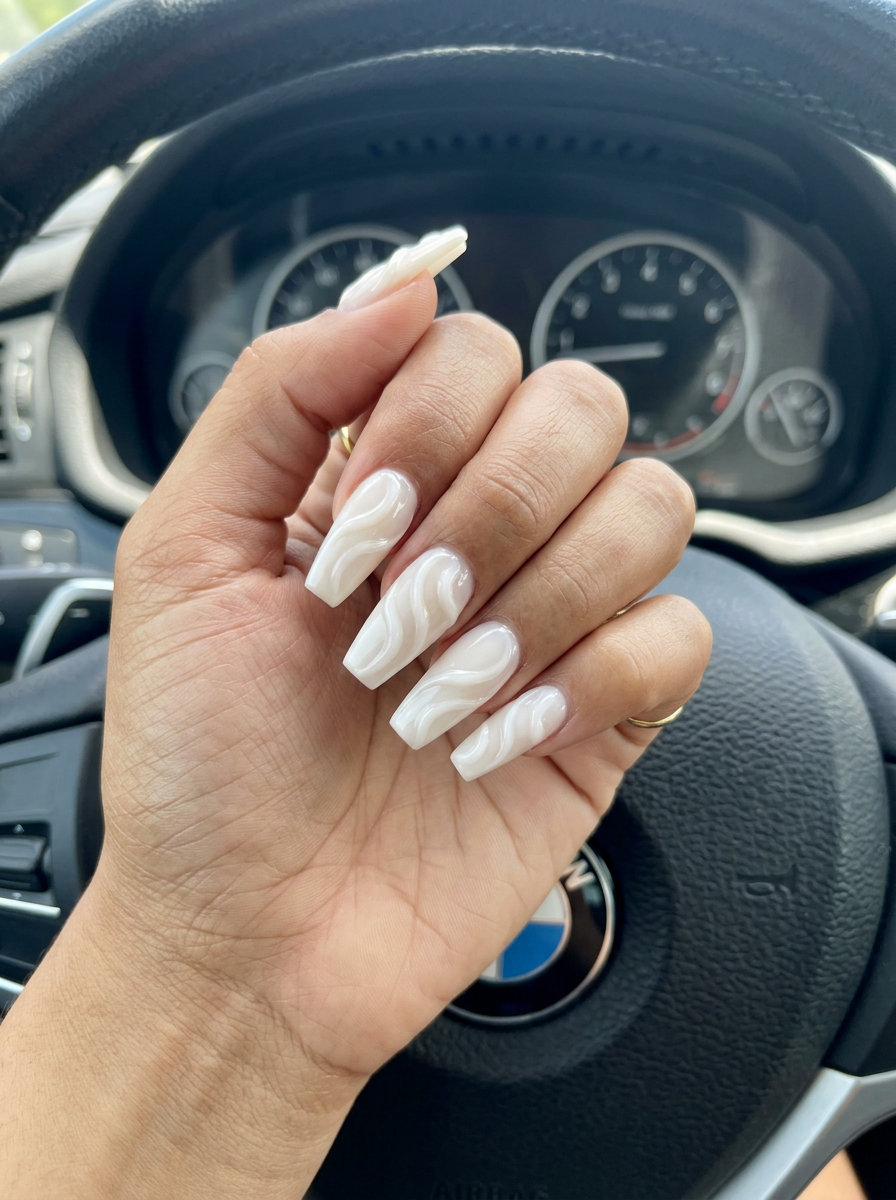 Textured Milky White Coffin Nails | Summer Wedding Nails 2026 Milky White Textured Swirls Coffin nails for summer wedding nails 2026. Sophisticated, artistic, elegant opaque white with texture.