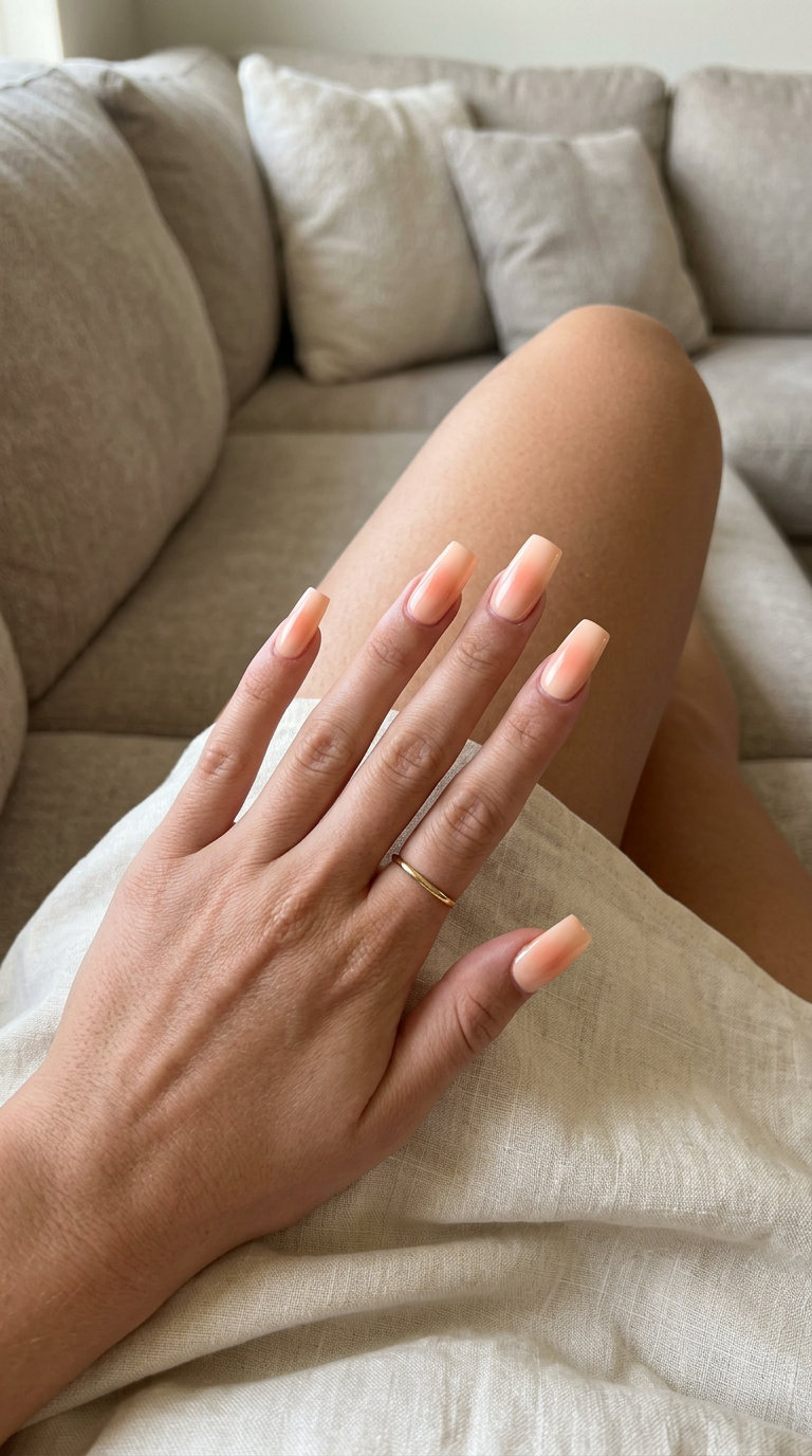 Pale Peach Aura Nails 2026: Radiant Wedding Guest Pale peach aura glow soft square nails for summer wedding nails 2026. Whimsical, soft summer party look.