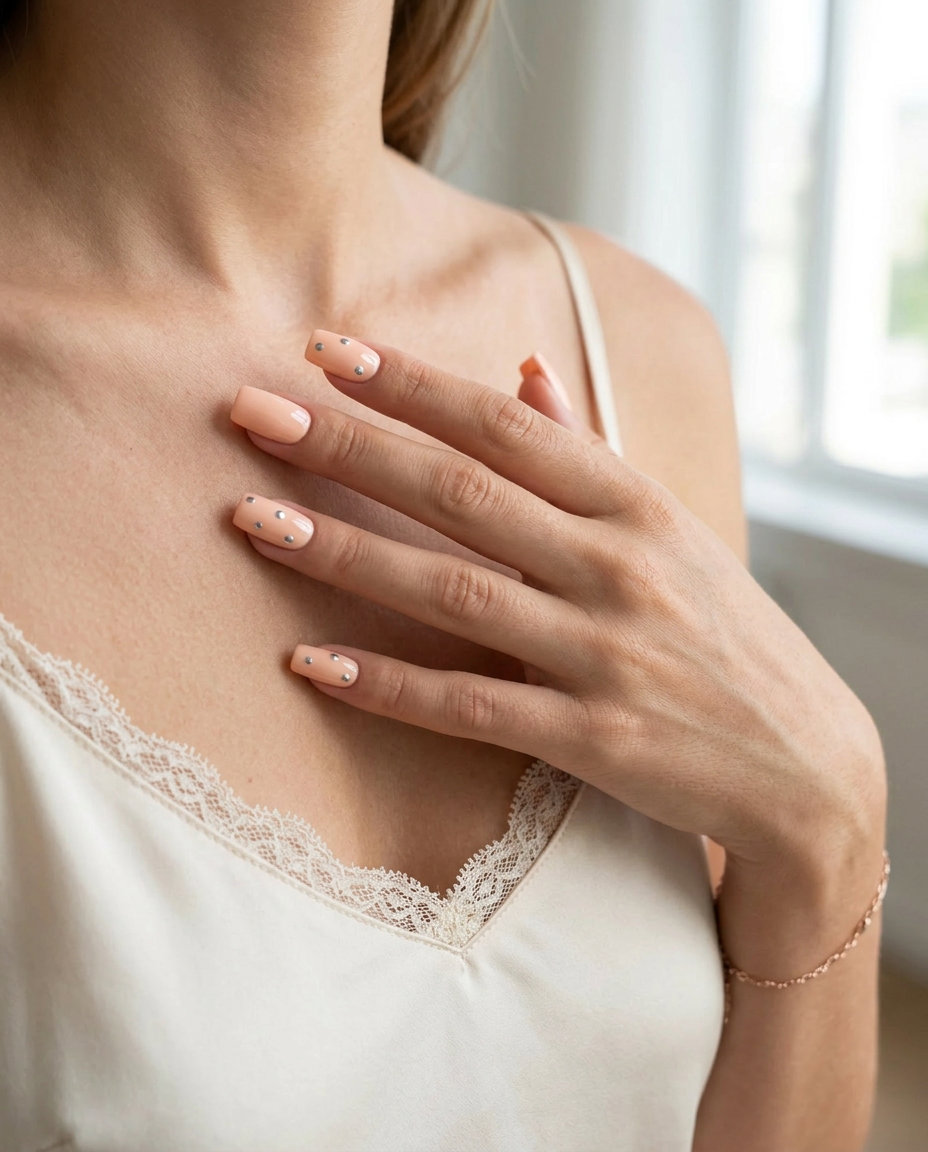 Pale Peach Chrome Dots Nails 2026: Chic Wedding Guest Pale peach subtle chrome dots soft square nails for summer wedding nails 2026. Minimalist, chic bridal brunch look.