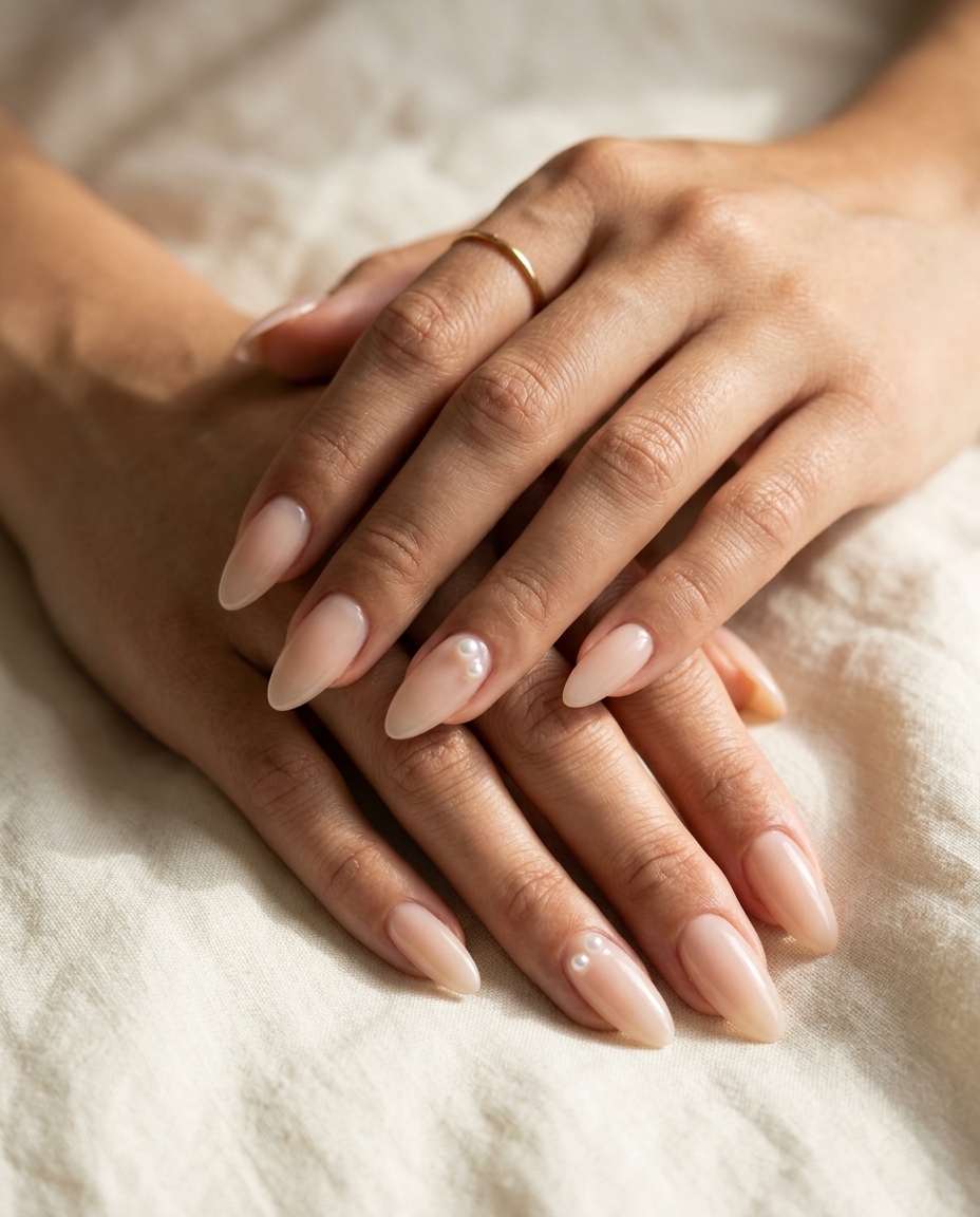 Pearl Accent Nails 2026: Romantic Wedding Style Romantic sheer nude-pink almond nails with subtle pearl accents for summer wedding nails 2026.