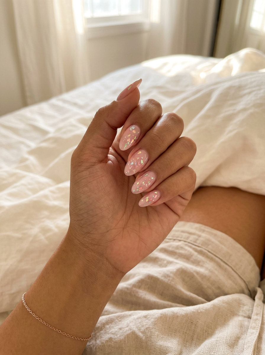 Sheer Pink Holographic Nails 2026: Wedding Glam Sheer pink almond nails with holographic foil for summer wedding nails 2026. Ethereal & romantic.