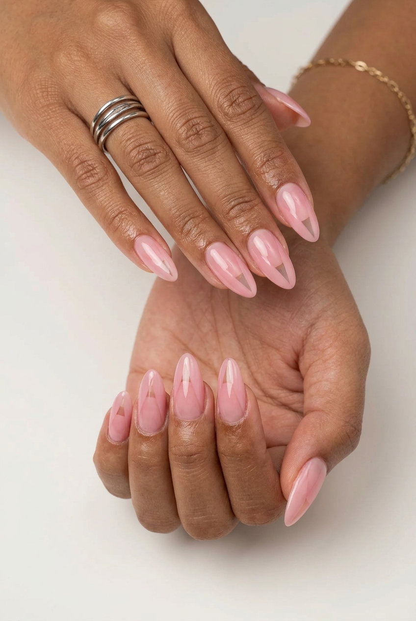 Sheer Pink Negative Space Nails 2026: Modern Bridal Sheer pink negative space almond nails for summer wedding nails 2026. Modern, artistic bridal shower manicure.