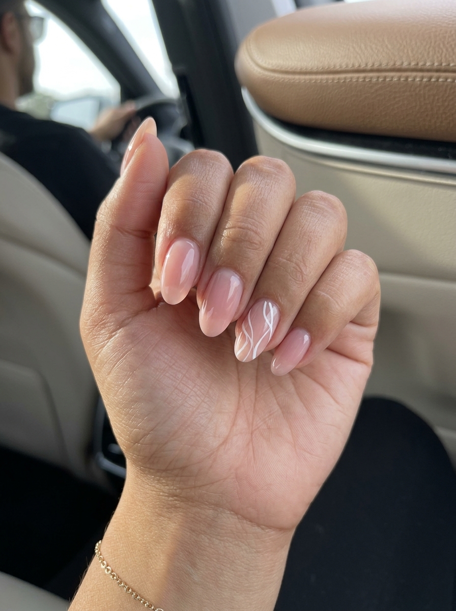 Negative Space Lines 2026: Chic Wedding Nails Chic sheer pink nails with negative space white lines for summer wedding nails 2026. Modern.