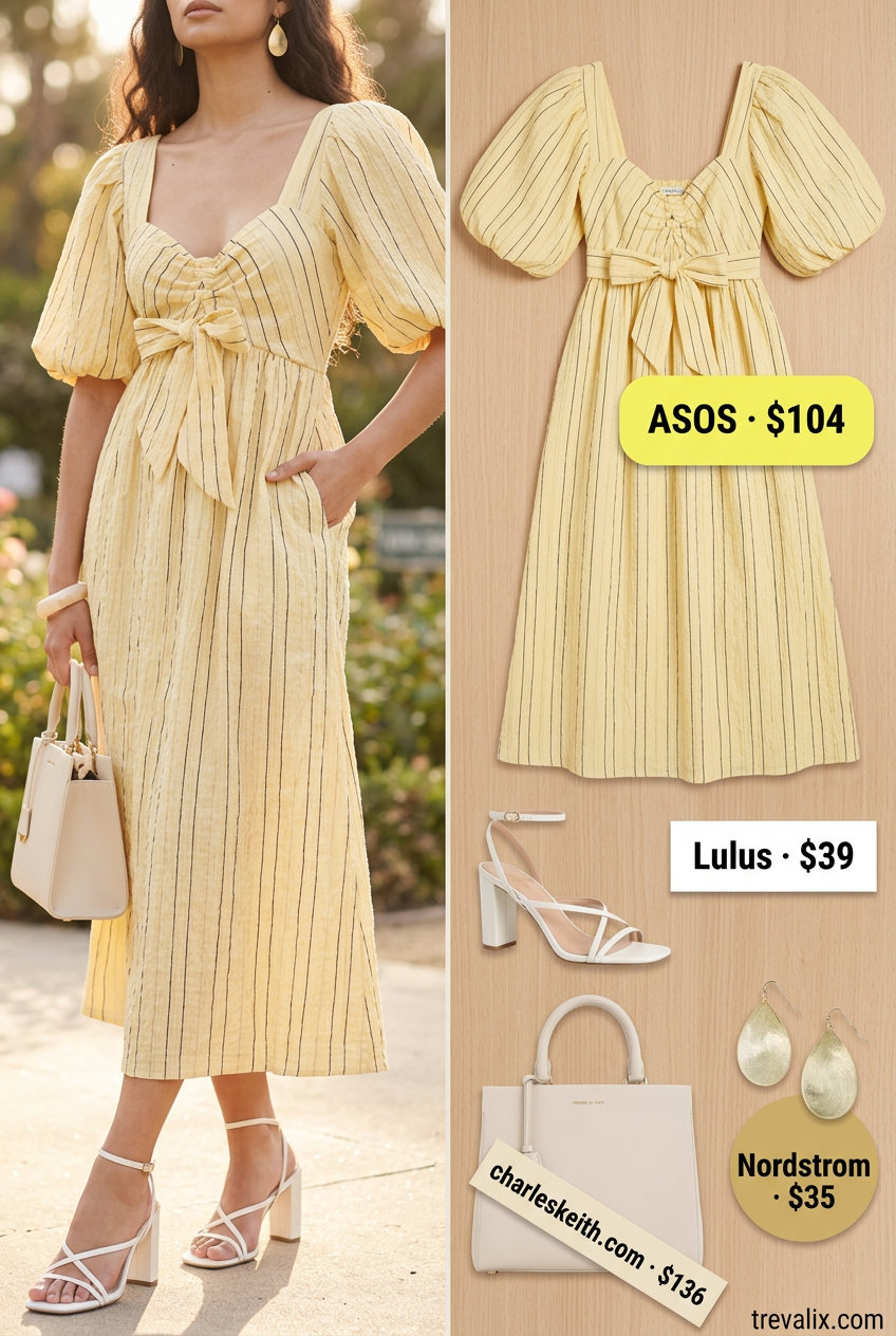 Summer Yellow Outfits for Women 2026: Vibrant lemon midi dress, gold earrings, heeled sandals for garden party.