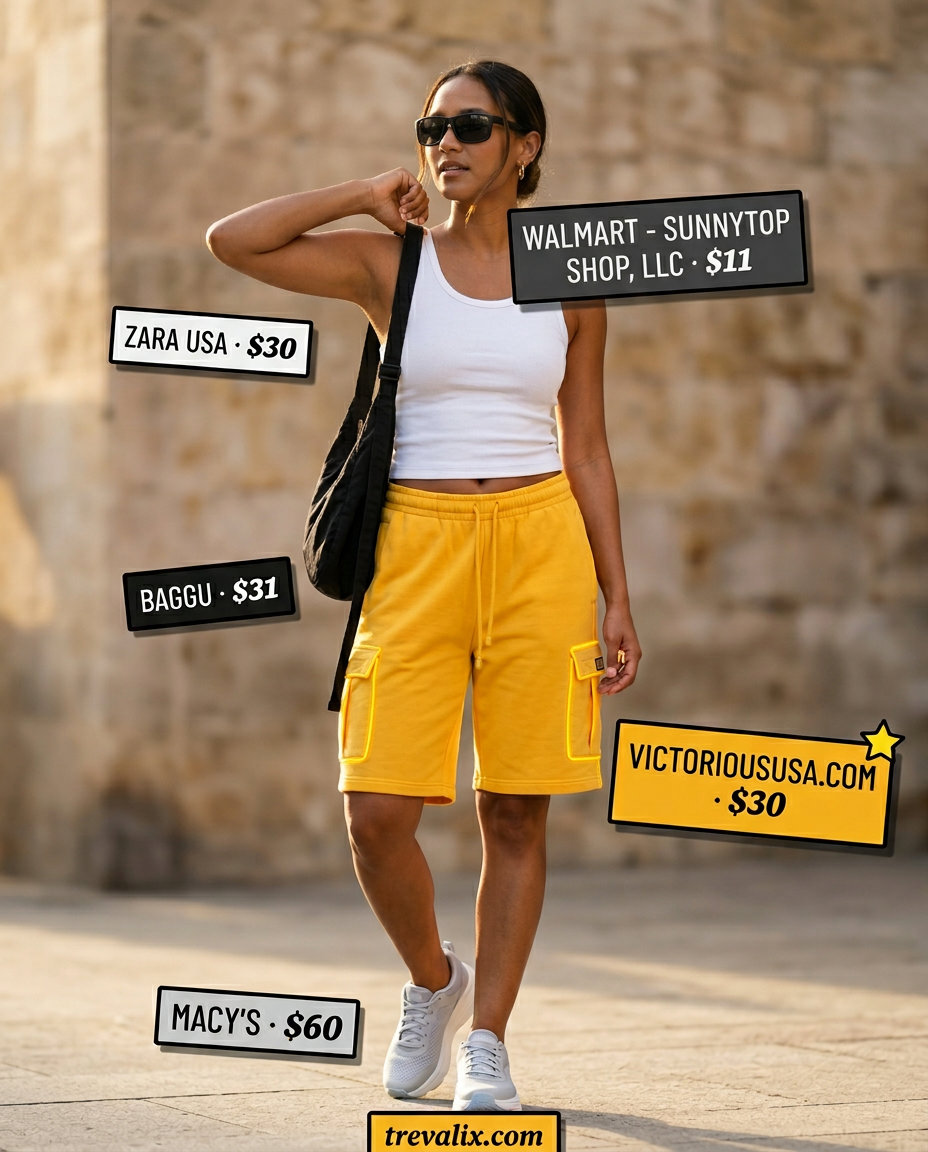 Summer Yellow Outfits for Women 2026: Bright yellow cargo shorts, white tank, sneakers for casual daytime.