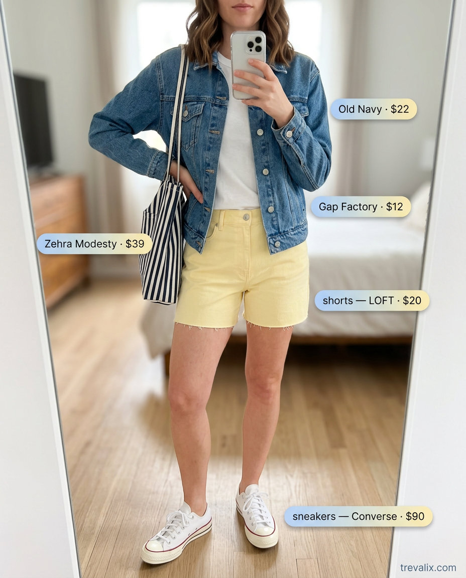 Summer Yellow Outfits for Women 2026: Casual citrus yellow denim shorts with a white tee and denim jacket.