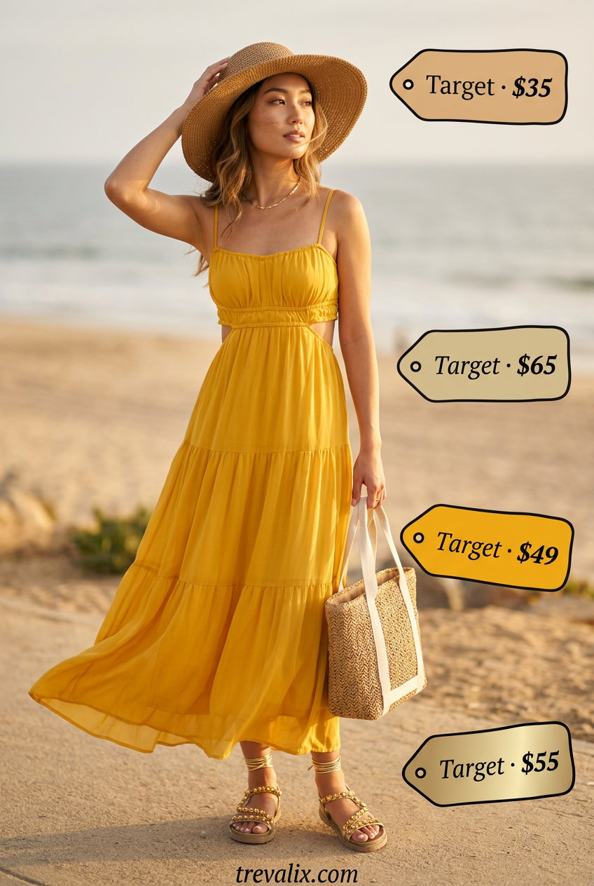 Summer Yellow Outfits for Women 2026: Golden yellow maxi dress, straw tote, embellished sandals for beach.