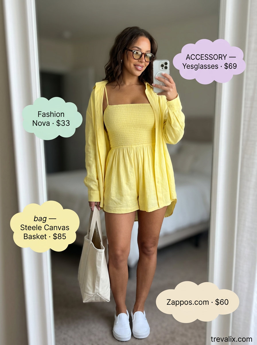 Summer Yellow Outfits for Women 2026: Playful lemon yellow romper for beach days and casual travel.