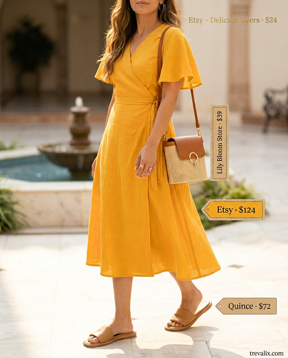 Summer Yellow Outfits for Women 2026: Radiant yellow linen midi wrap dress for brunch and daytime events.