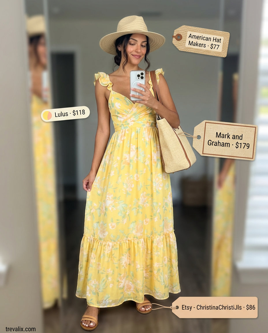 Summer Yellow Outfits for Women 2026: Flowy yellow floral maxi dress for beach vacations and festivals.