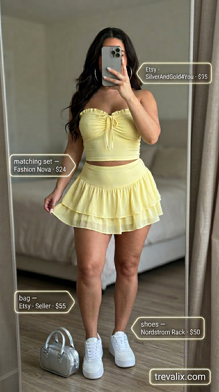 Summer Yellow Outfits for Women 2026: Vibrant yellow mini skirt set for festivals and summer parties.