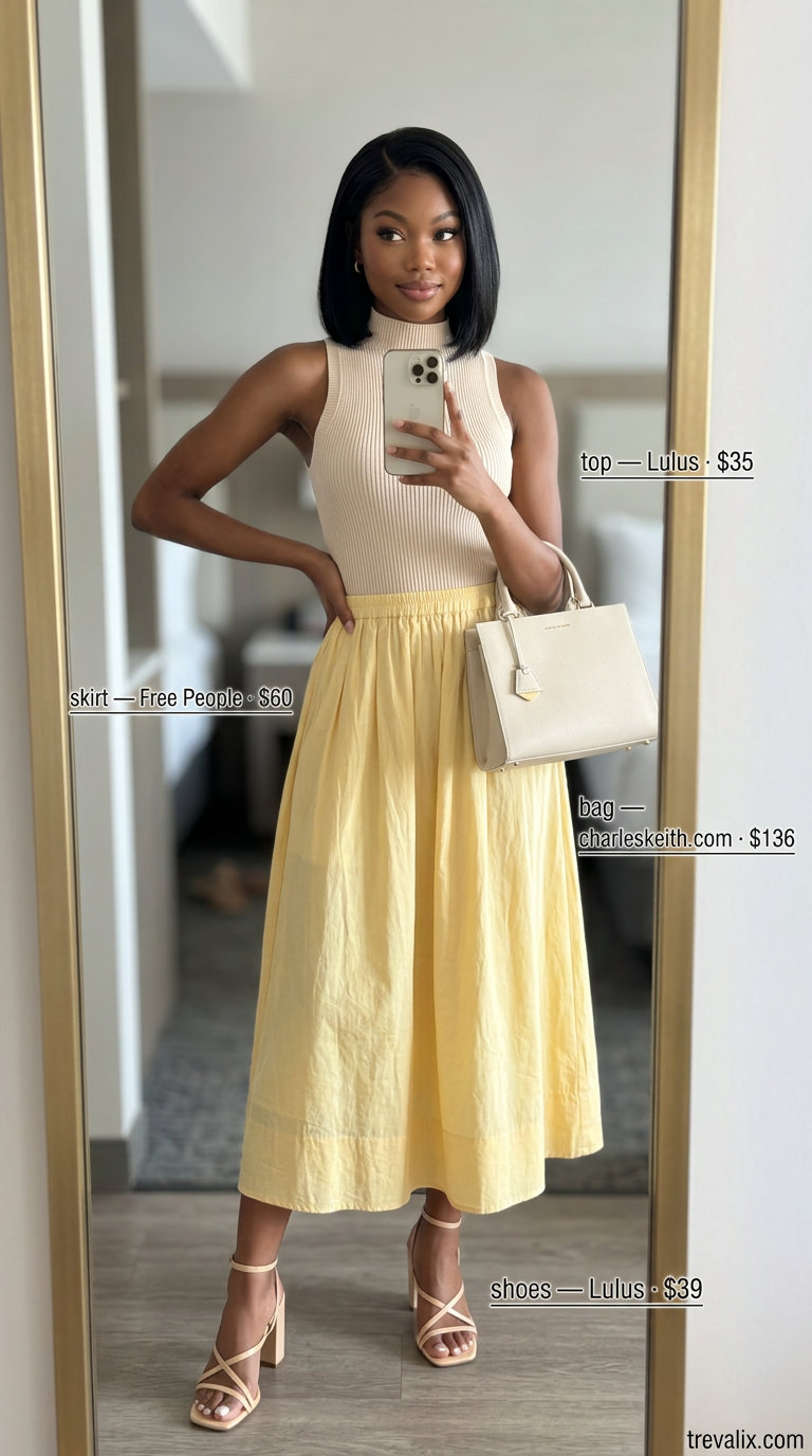 Summer Yellow Outfits for Women 2026: Elegant pastel yellow midi skirt for weddings and garden parties.