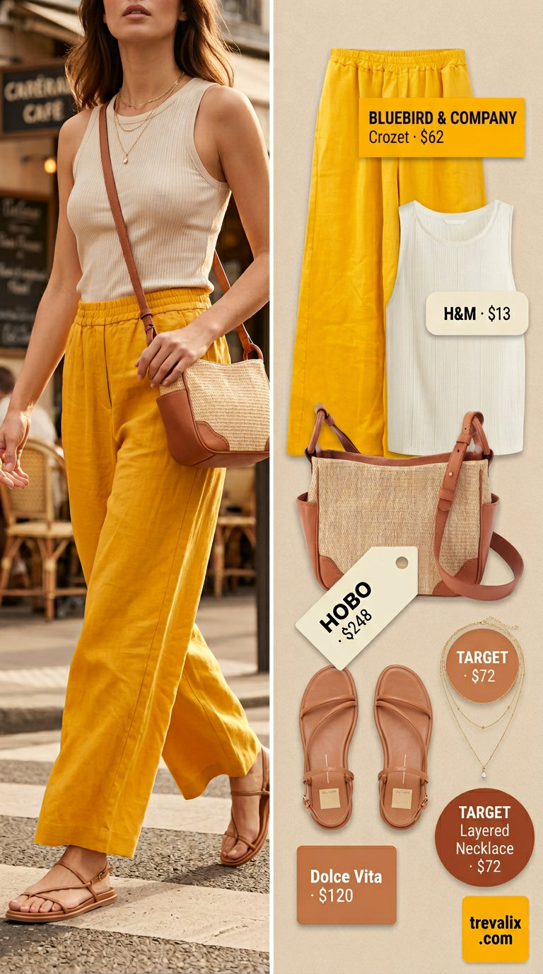 Summer Yellow Outfits for Women 2026: Marigold linen pants, cream tank, flat sandals for brunch.