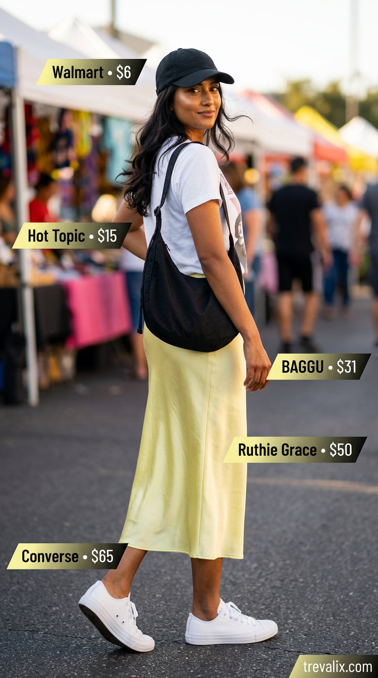 Summer Yellow Outfits for Women 2026: Pastel yellow slip skirt, graphic tee, white sneakers for casual cool.