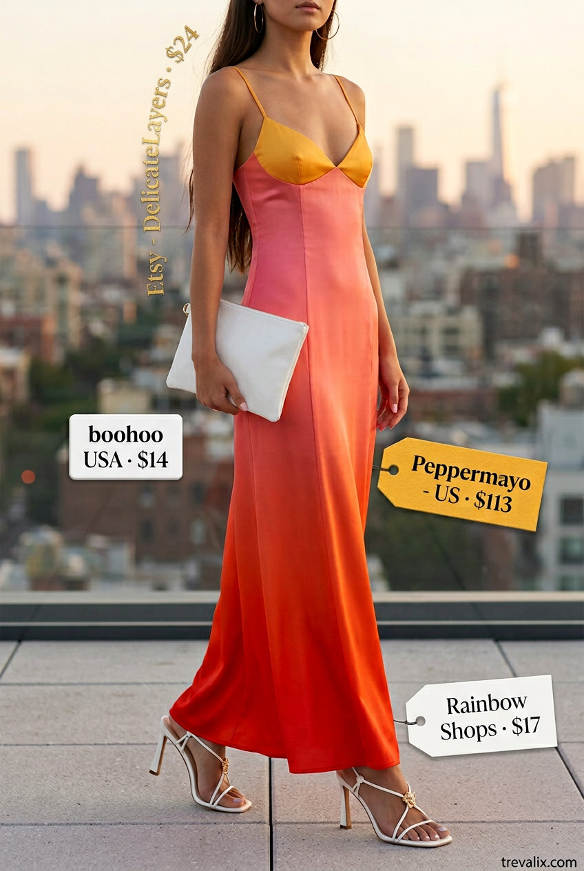 Summer Yellow Outfits for Women 2026: Ombre maxi dress, gold hoops, white sandals for sunset dinner.