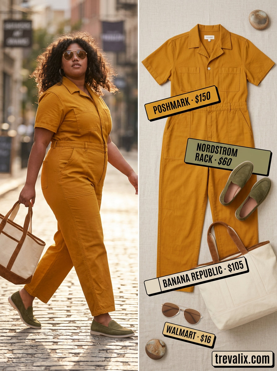 Summer Yellow Outfits for Women 2026: Mustard utility jumpsuit, loafers, tote bag for travel or casual day.