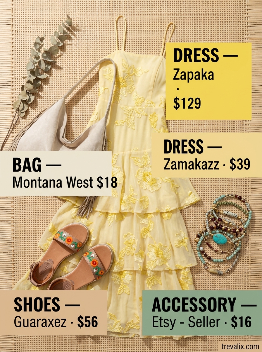 Bohemian sunshine yellow maxi dress for summer festivals and beach vacations. Styled with flat sandals and a fringe bag.