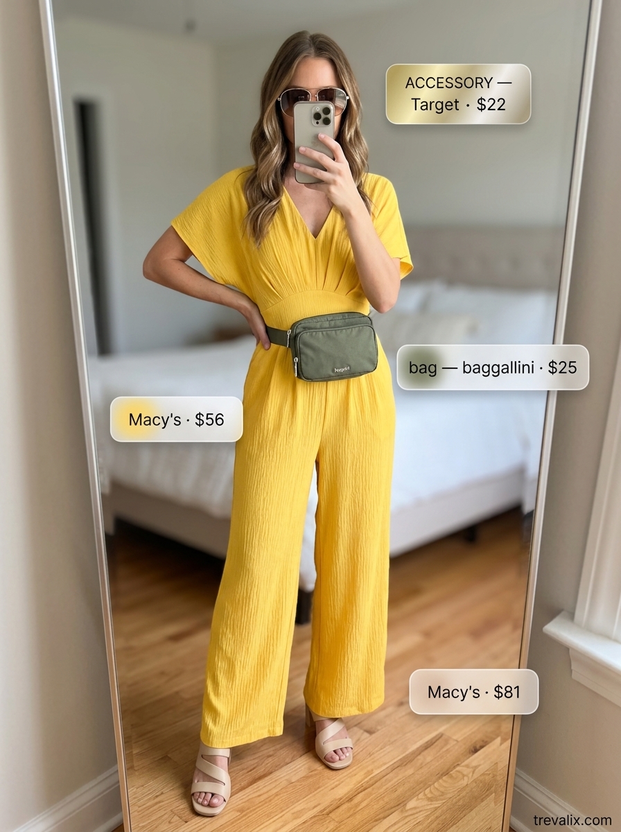 Bold citrus yellow utility jumpsuit for casual summer days and travel. Styled with block heel slides and aviator sunglasses.