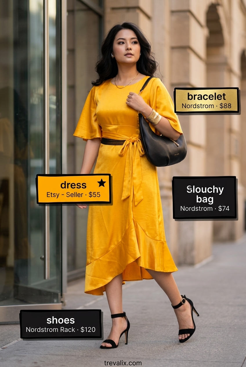 Sophisticated golden yellow satin midi wrap dress for summer evening events and date nights. Styled with black sandals and gold jewelry.